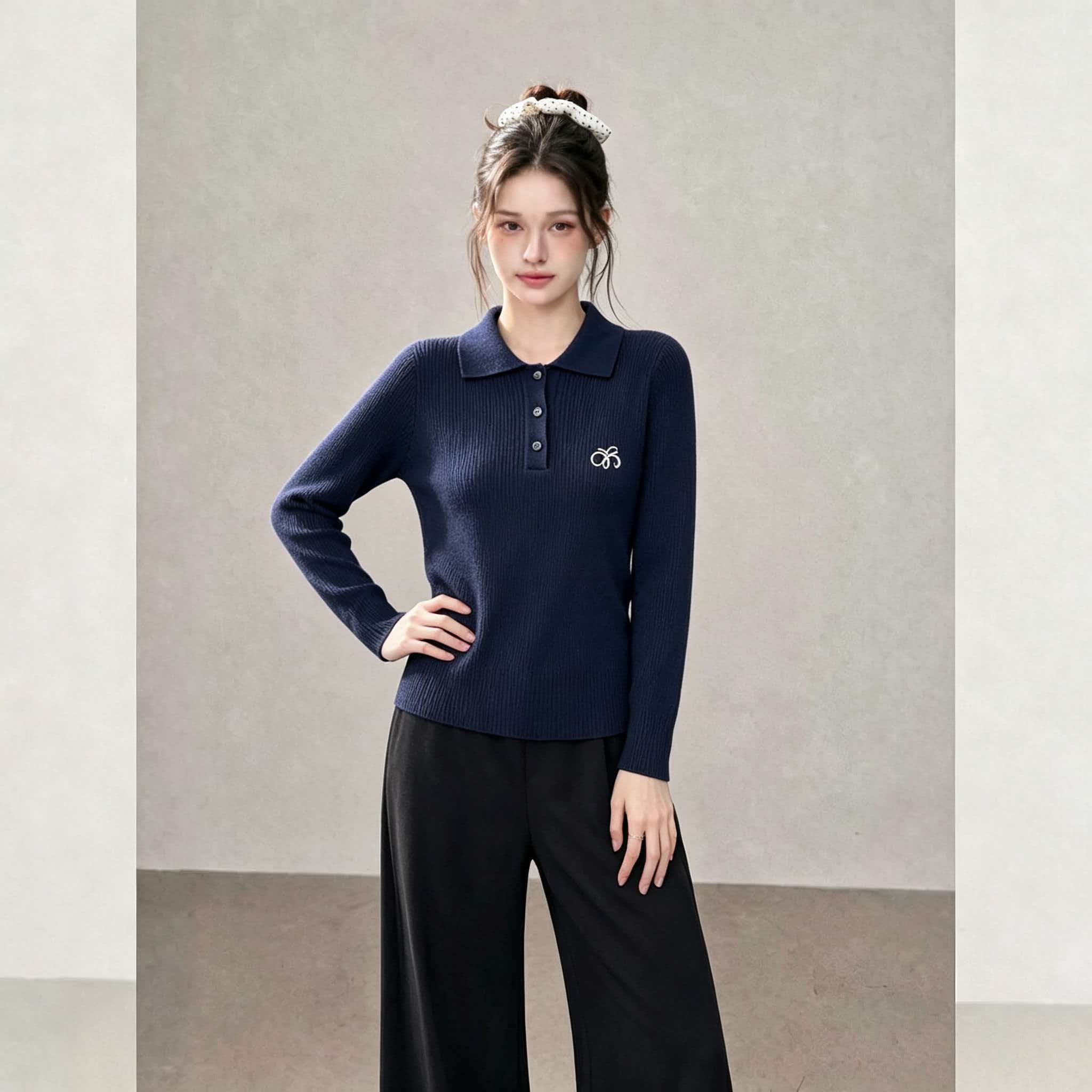 Women’s Navy Polo Collar Slim Fit Knit Top 2026 Early Autumn New Style