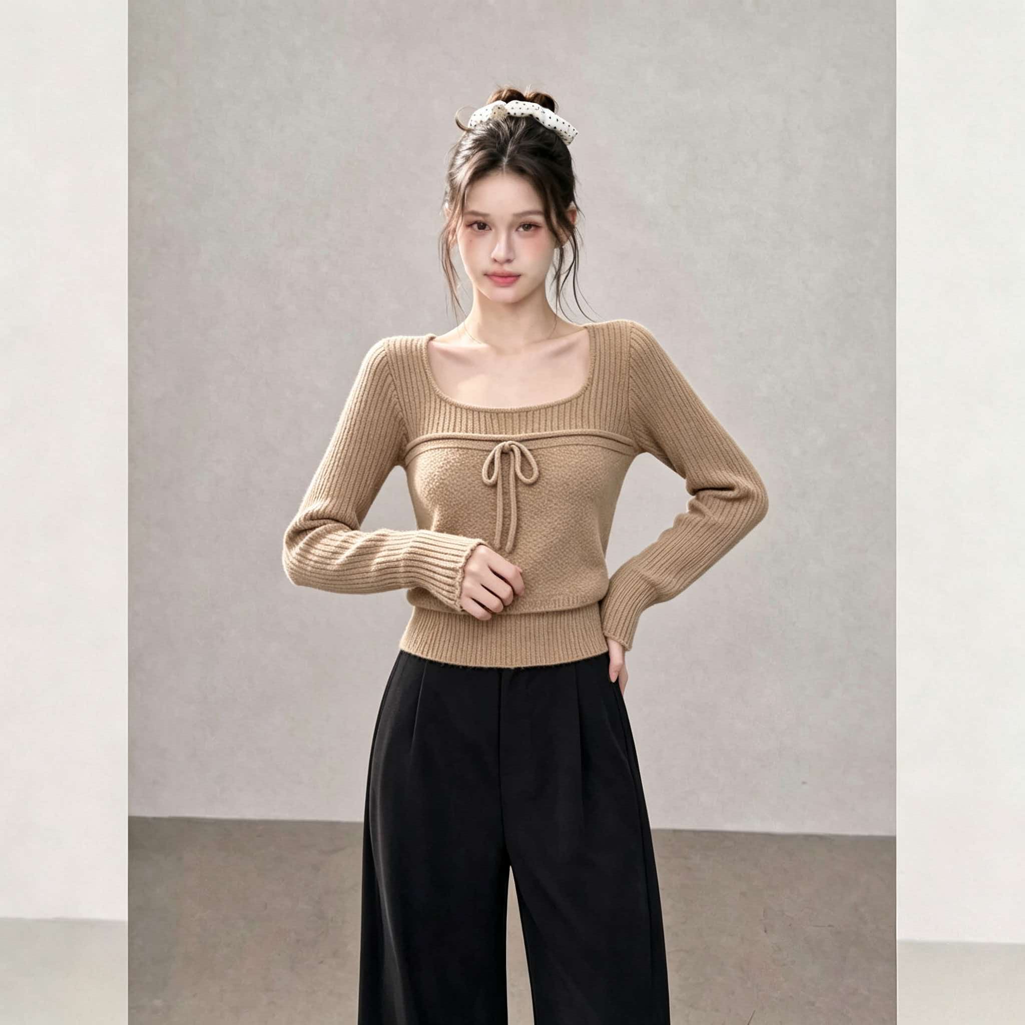 Camel Vintage Slim Fit Long Sleeve Knit Top 2026 Early Autumn Women’s