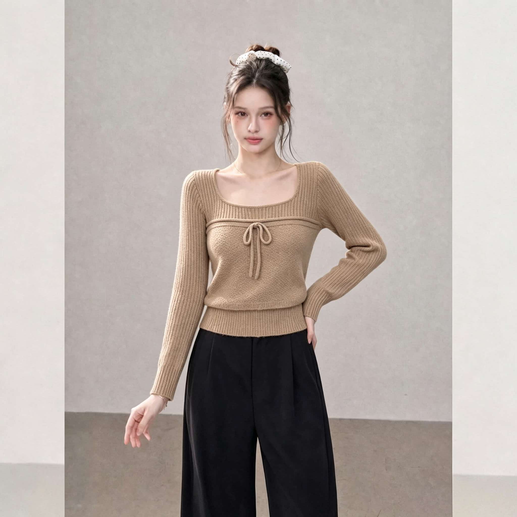Camel Vintage Slim Fit Long Sleeve Knit Top 2026 Early Autumn Women’s