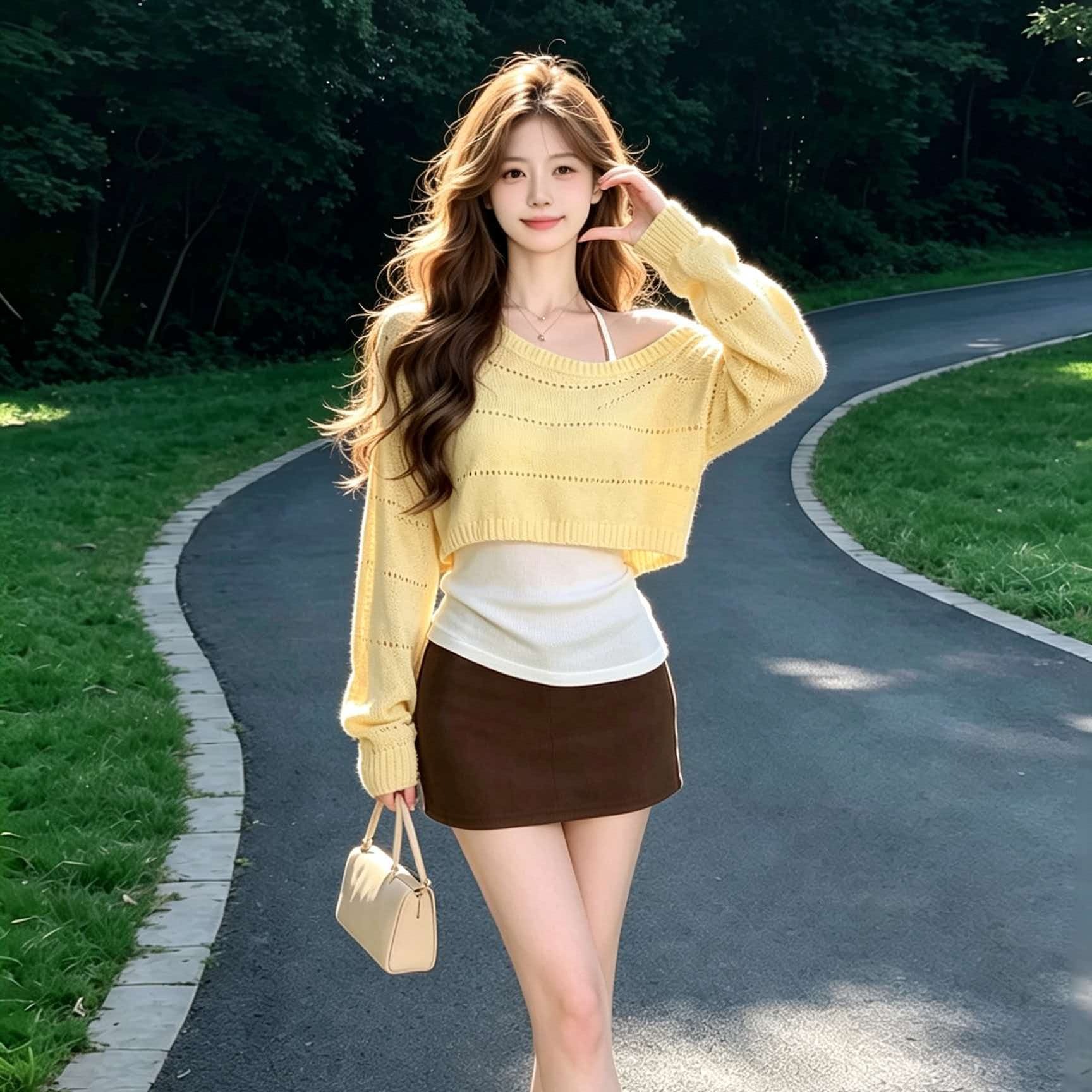 Yellow Knit Cropped Cardigan Long Sleeve 2026 Fall Women Two-Piece Top - Image 5