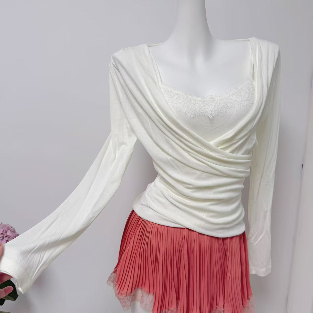 Women's Lace Trim Cowl Neck Top Soft Lyocell Blend Faux Two Piece - Image 2