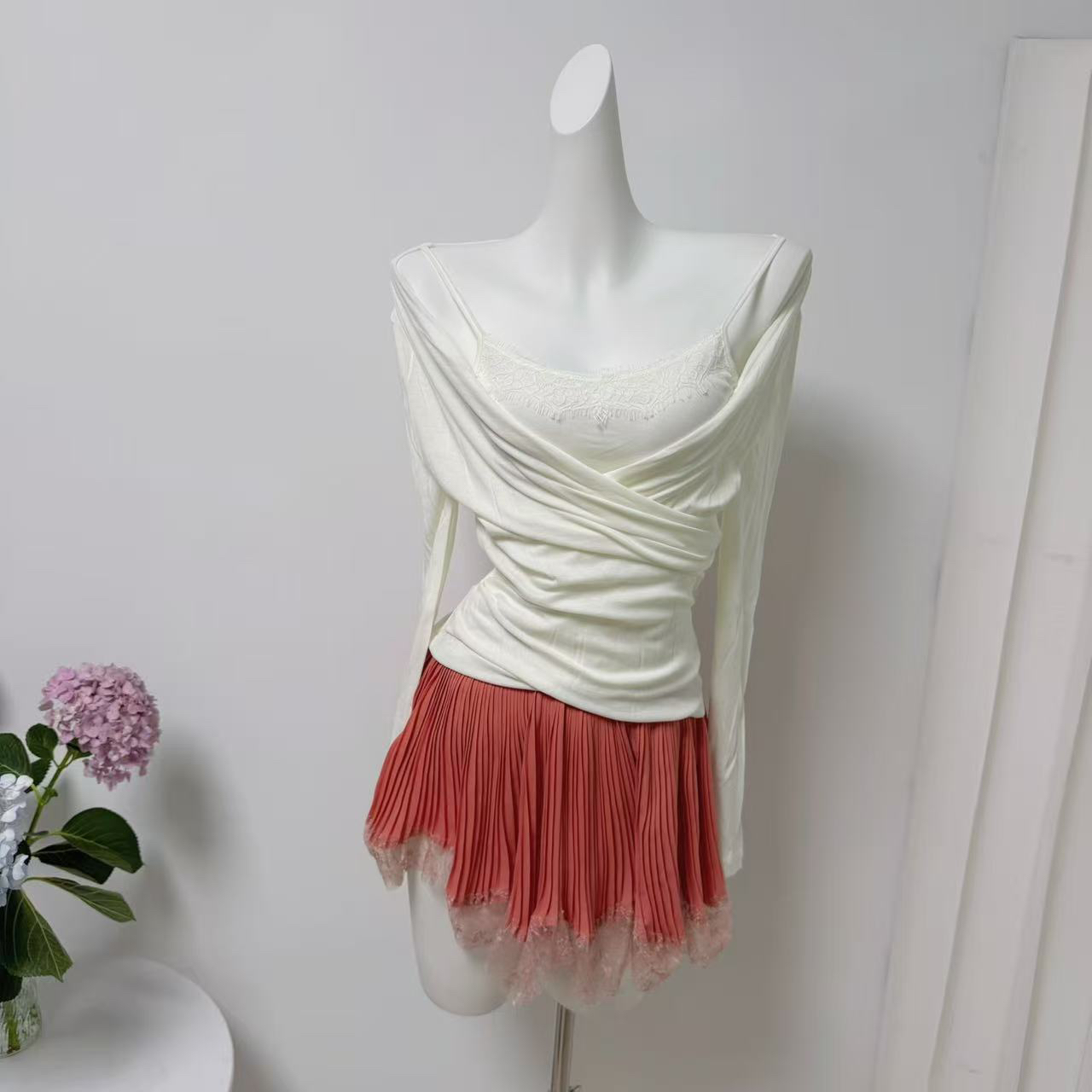 Women's Lace Trim Cowl Neck Top Soft Lyocell Blend Faux Two Piece - Image 4