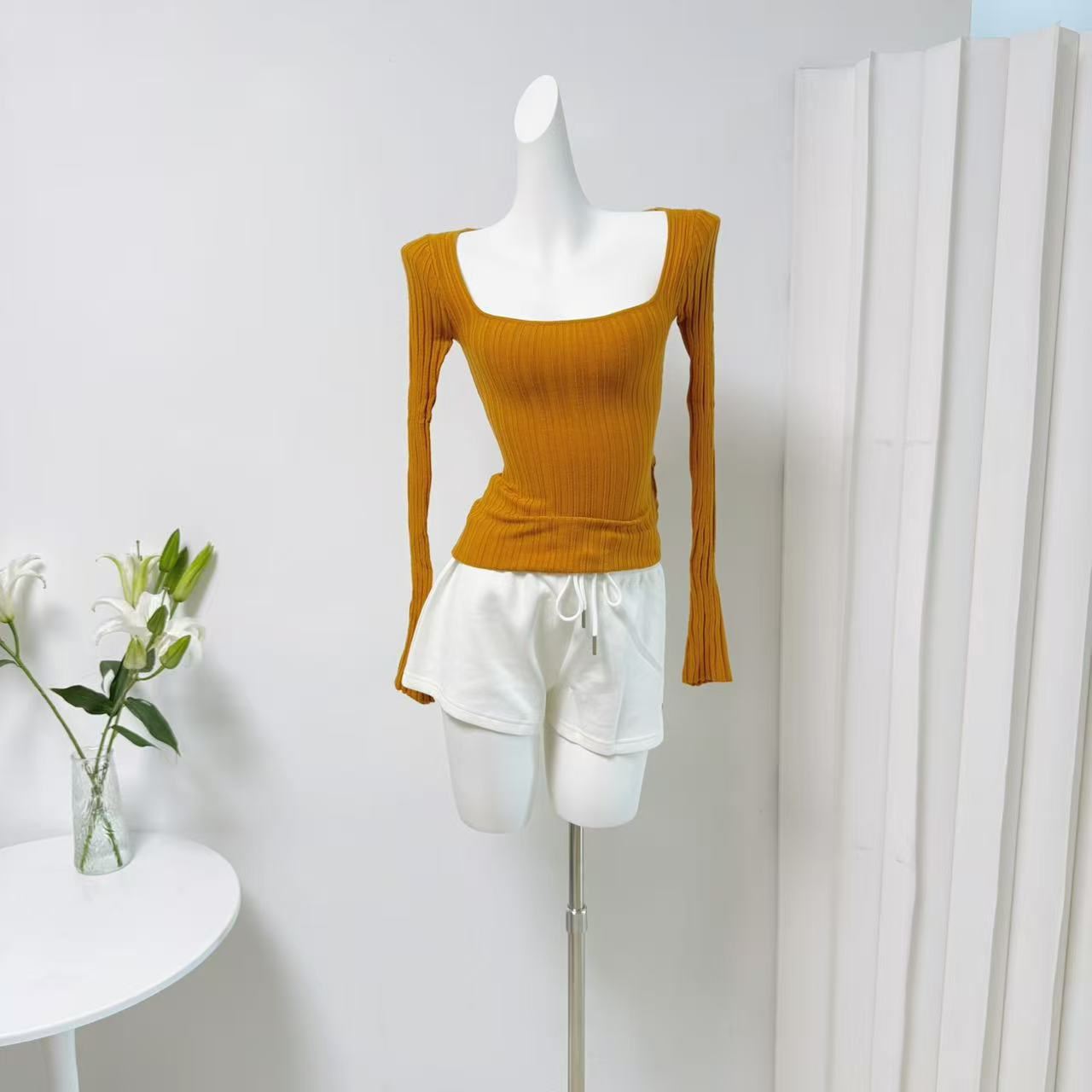 JMSHOP Women's Ribbed Long Sleeve U-Neck Knit Top Fall Stretch Slim Base Layer