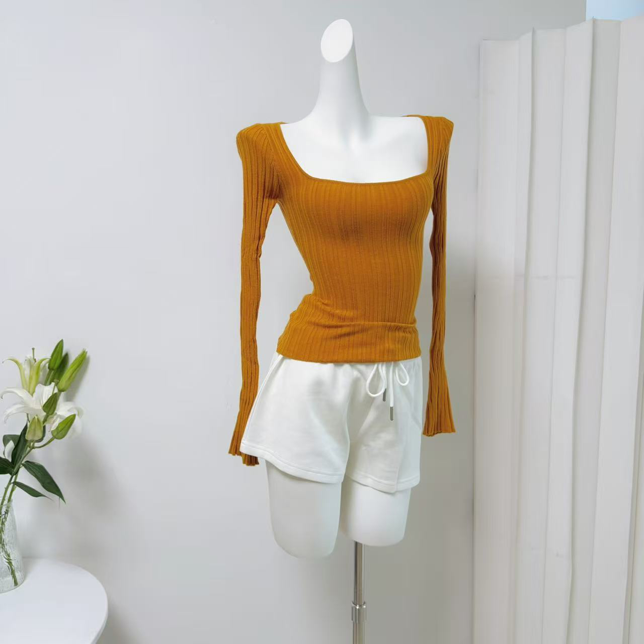 JMSHOP Women's Ribbed Long Sleeve U-Neck Knit Top Fall Stretch Slim Base Layer - Image 2