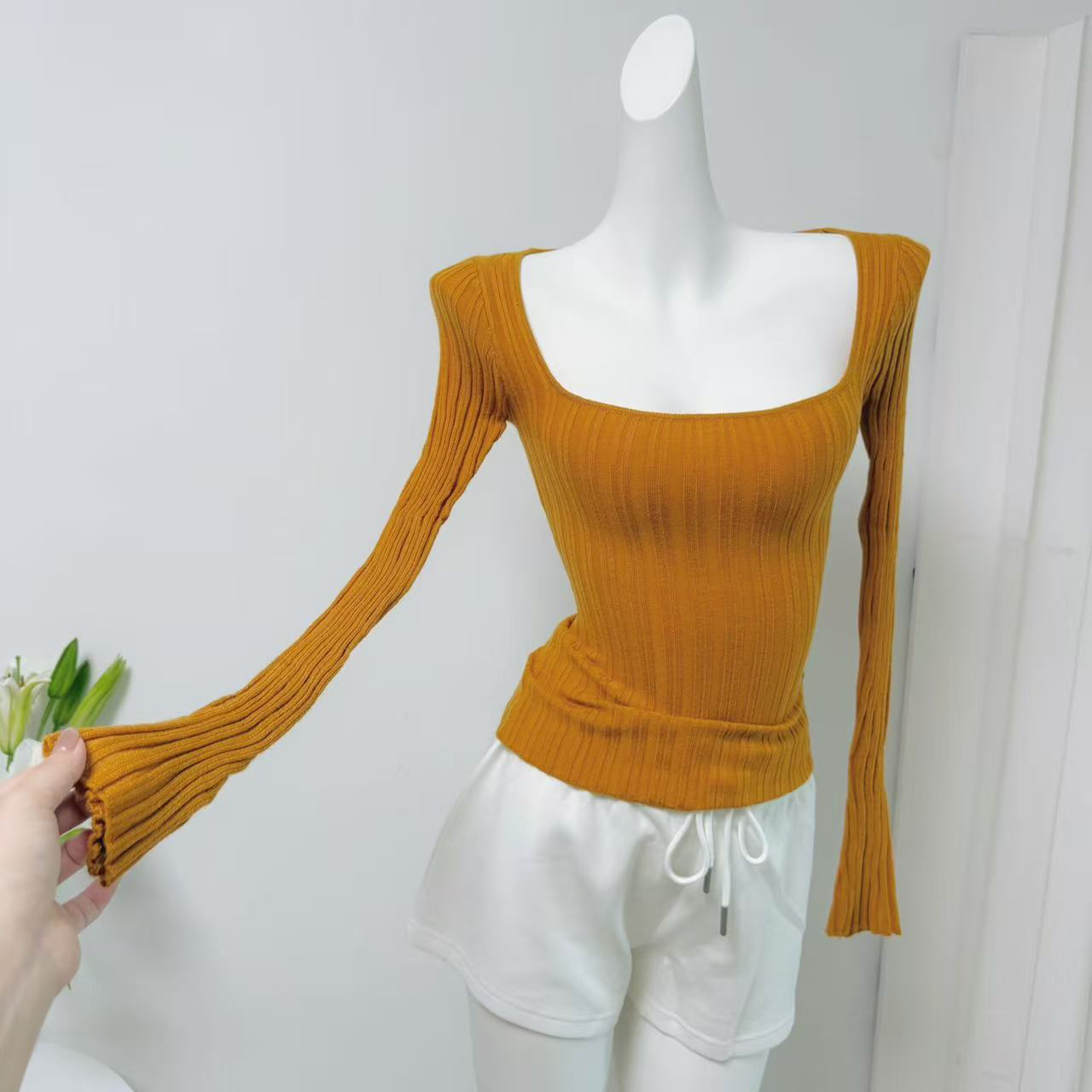 JMSHOP Women's Ribbed Long Sleeve U-Neck Knit Top Fall Stretch Slim Base Layer - Image 3