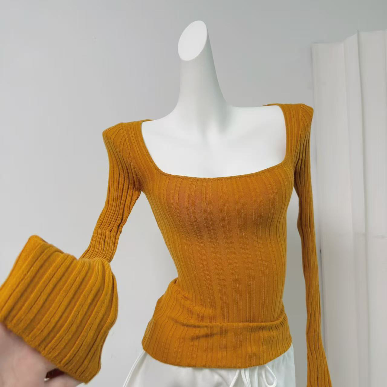 JMSHOP Women's Ribbed Long Sleeve U-Neck Knit Top Fall Stretch Slim Base Layer - Image 4