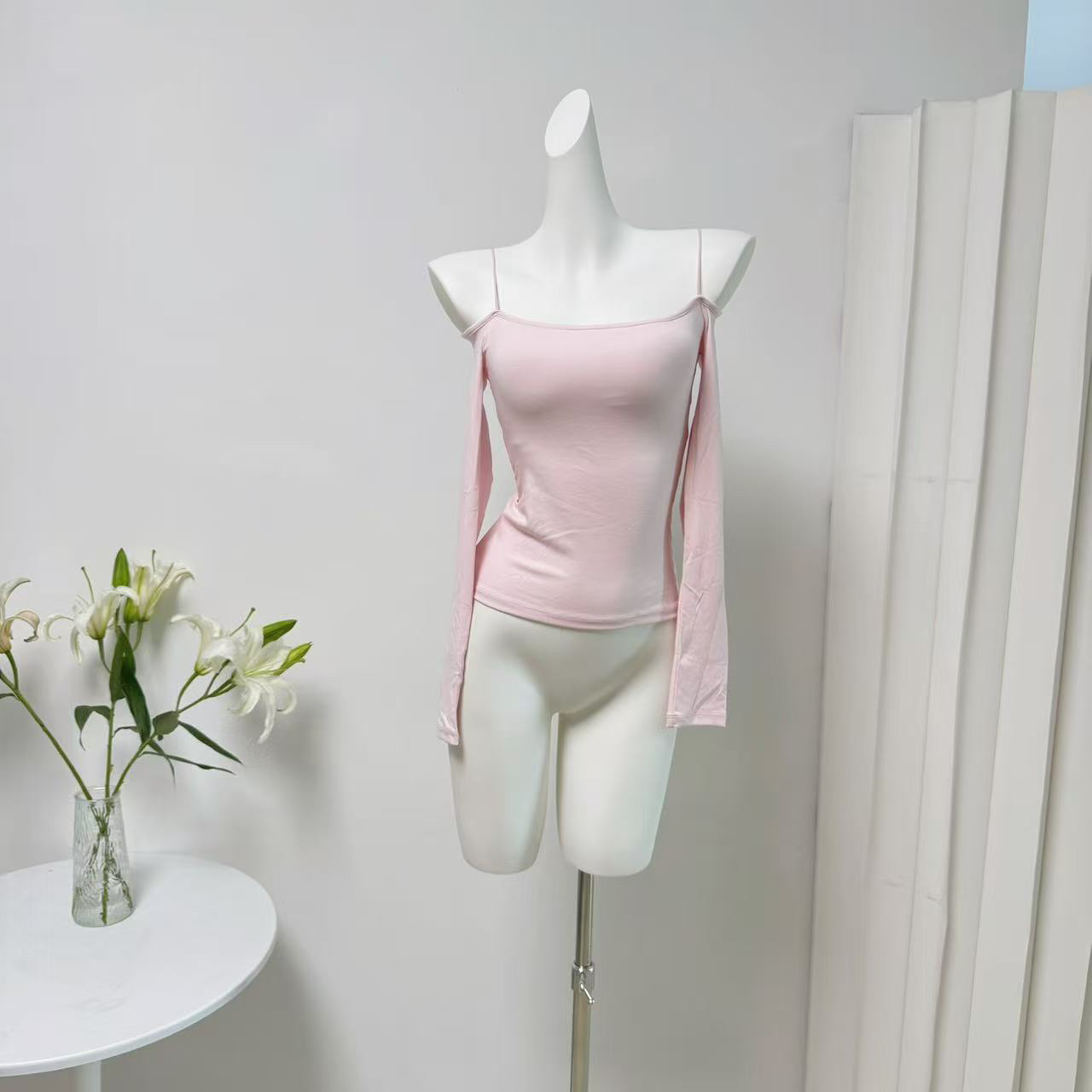 Women’s Slim Fit Long Sleeve Off-Shoulder T-Shirt with Built-In Bra Pads