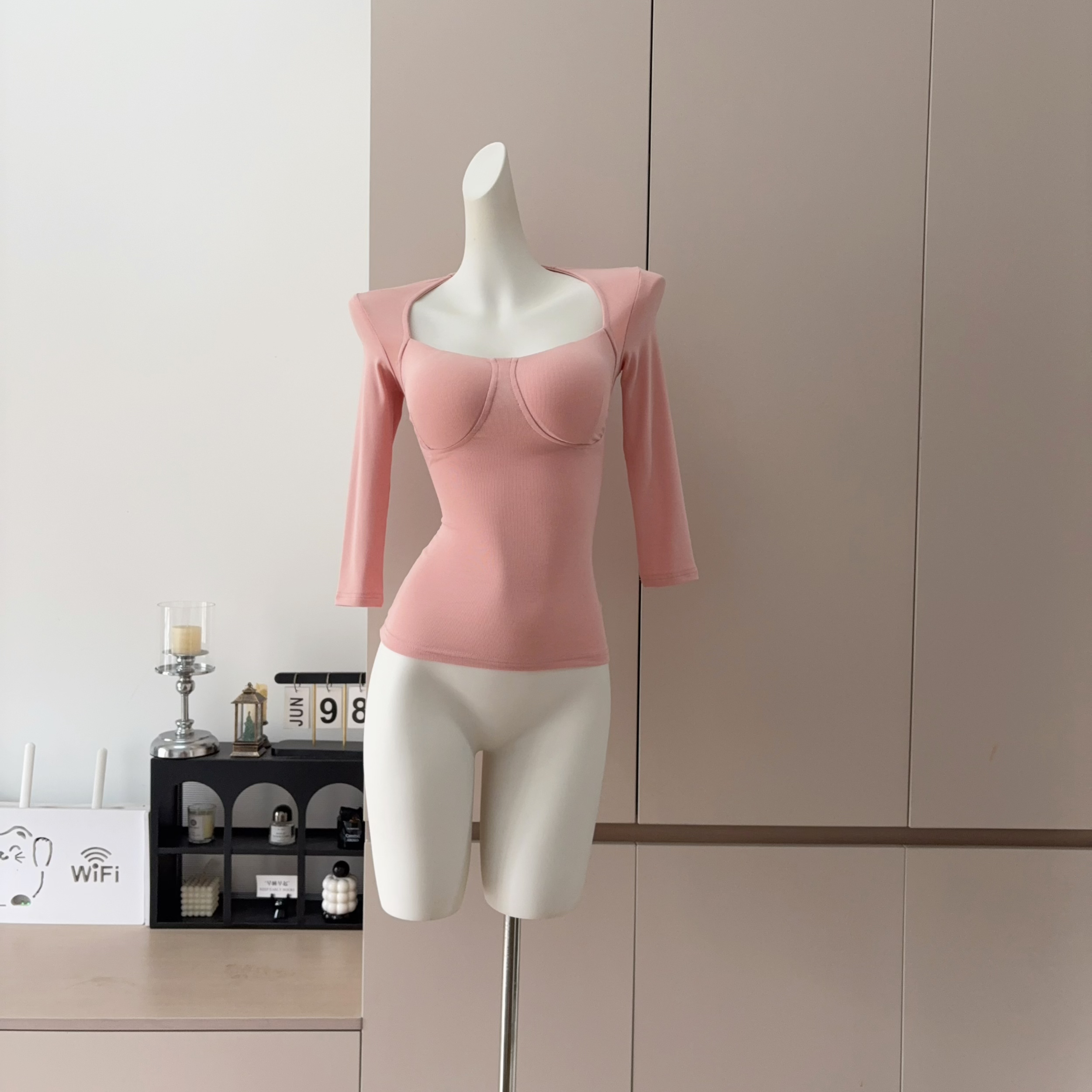 Women’s Sweetheart Neckline Three-Quarter Sleeve Slim Fit Top with Built-in Bra Pads