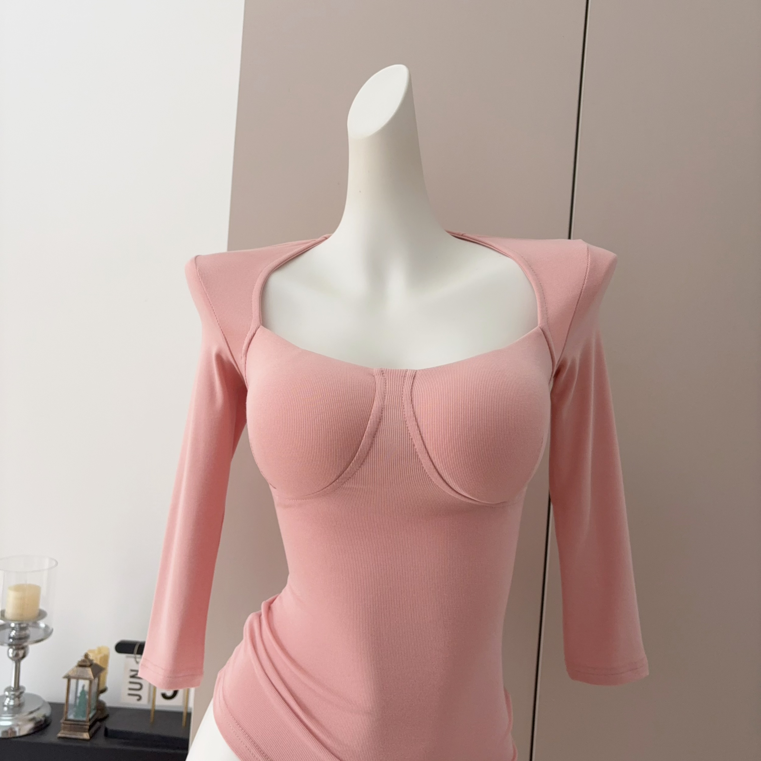 Women’s Sweetheart Neckline Three-Quarter Sleeve Slim Fit Top with Built-in Bra Pads